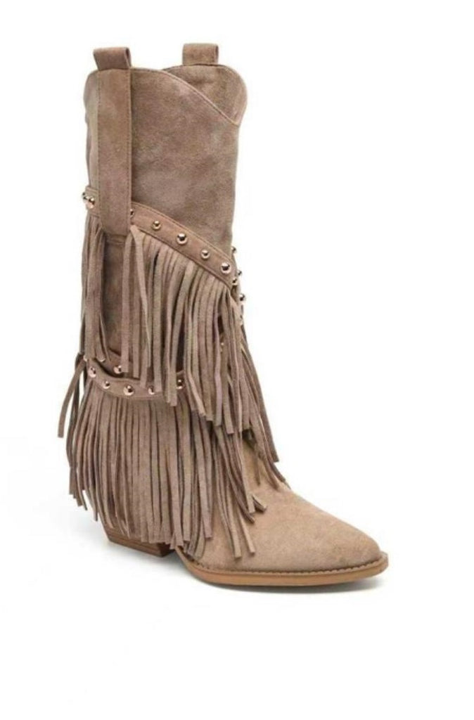 Western Mid-Calf Boots -Beige
