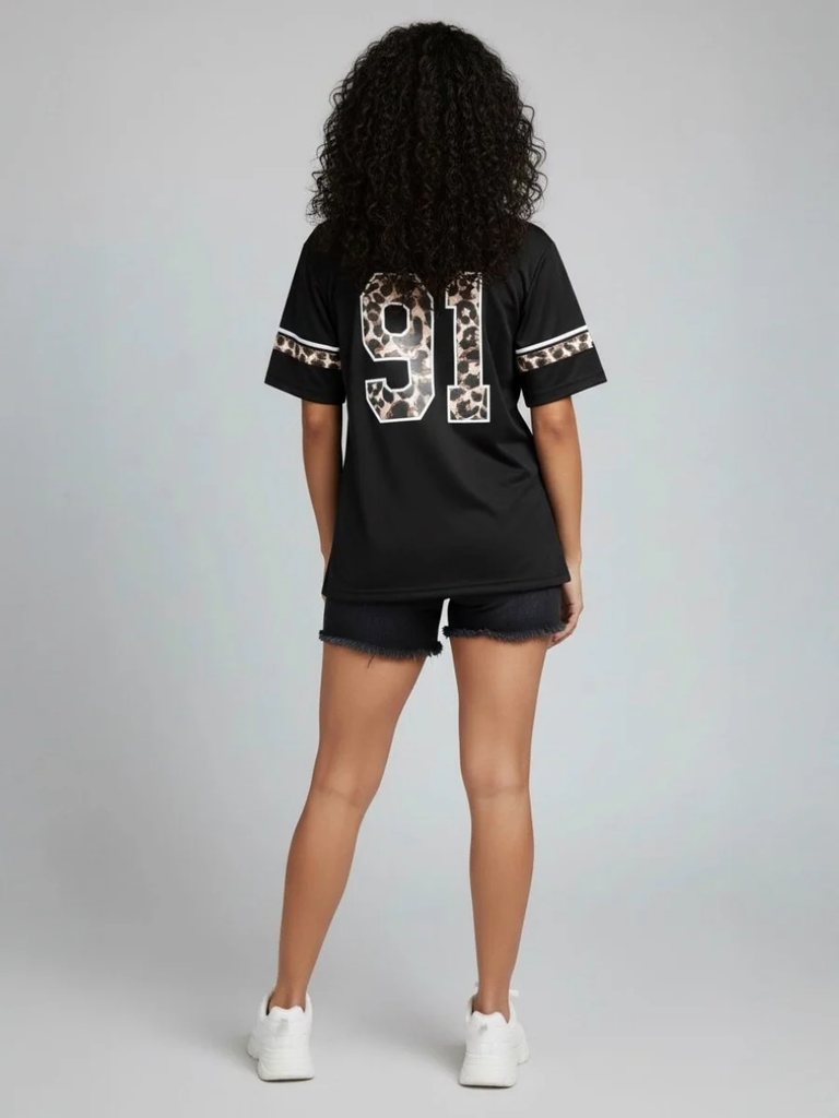Leopard Print Los Angeles 91 Jersey T-Shirt -Black