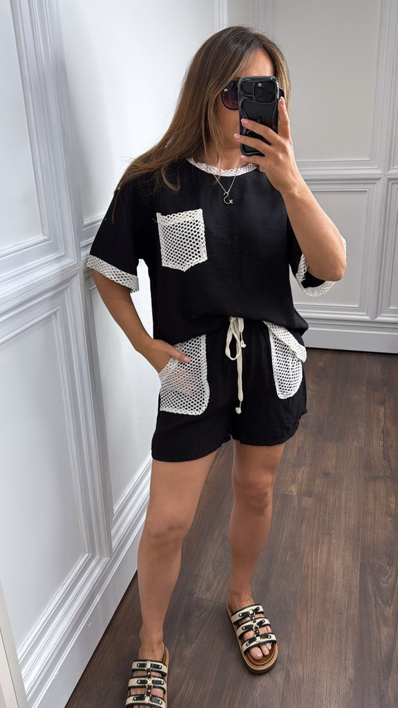 Black with Cream Net Detail Top & Shorts Co-ord
