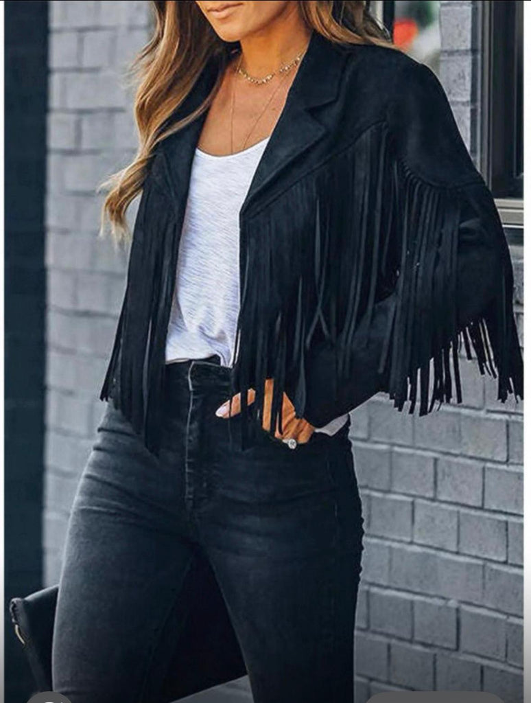 Cropped Tassel Fringe Faux Suede Jacket -Black