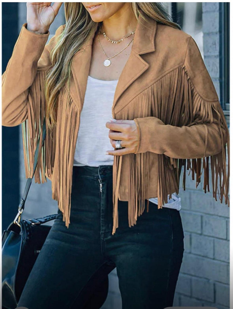 Cropped Tassel Fringe Faux Suede Jacket -Camel