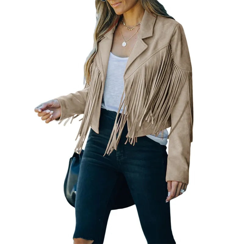 Cropped Tassel Fringe Faux Suede Jacket -Beige