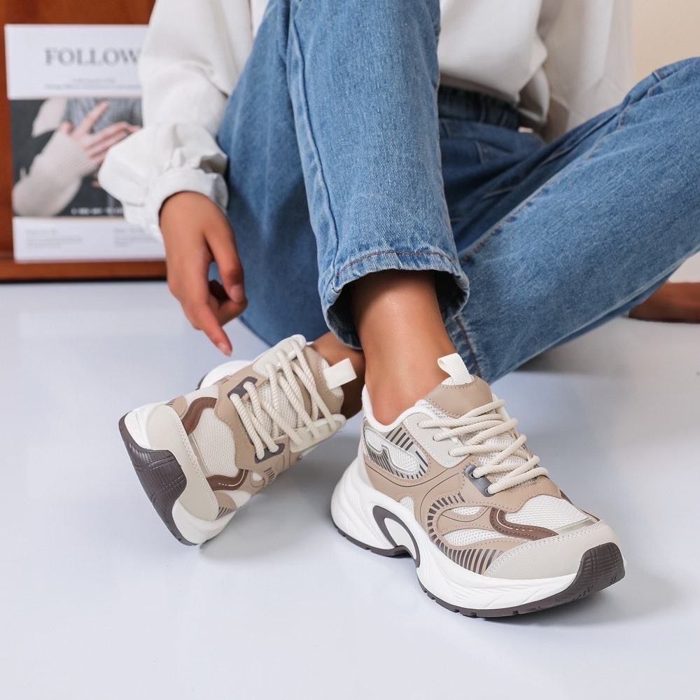 Beige & White Chunky Sneakers – Unisex Fashion Sports Shoes