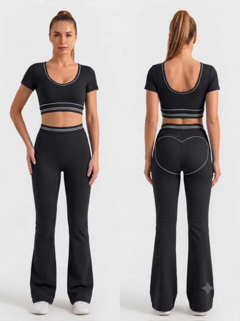 Women’s 2-piece crop top and high-waisted flared pants activewear set available in Midnight Black, Mocha Brown and Oat Beige.
