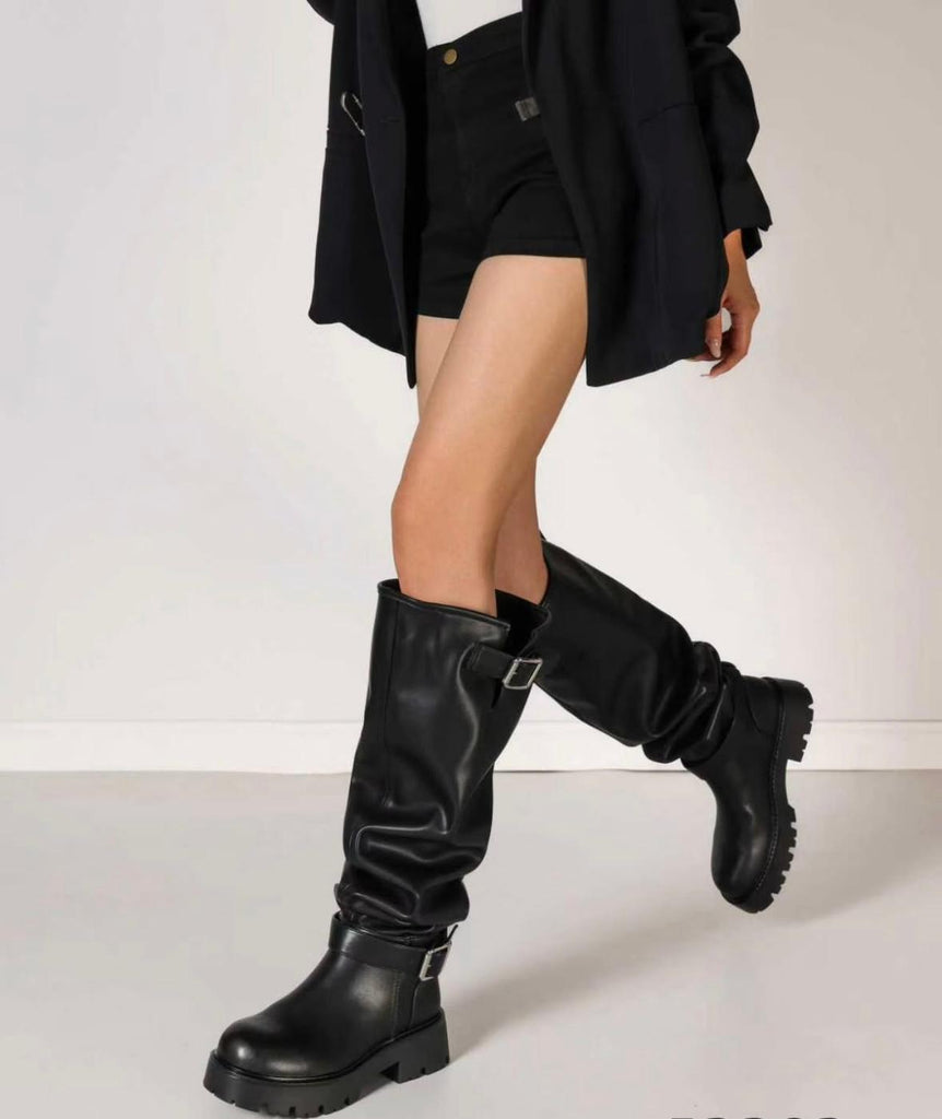 Slouchy Knee-High Biker Boots -Black