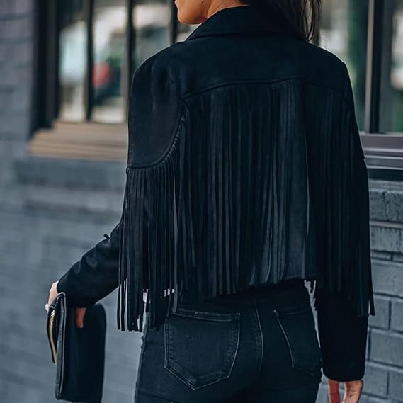 Cropped Tassel Fringe Faux Suede Jacket -Black