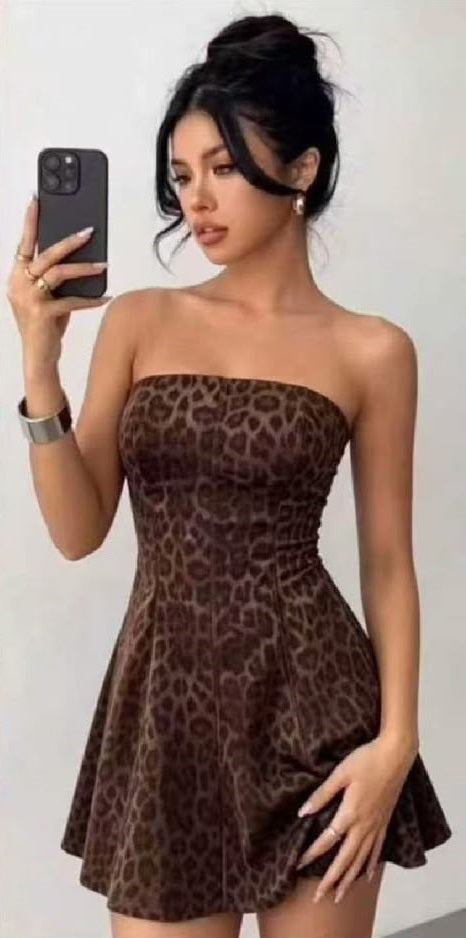 Midnight Leopard Strapless Corset Top & Pleated Mini Skirt Set -Brown
