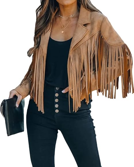 Cropped Tassel Fringe Faux Suede Jacket -Camel