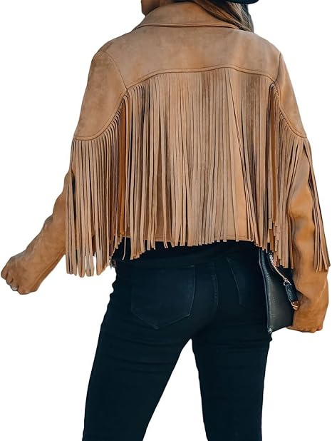 Cropped Tassel Fringe Faux Suede Jacket -Camel