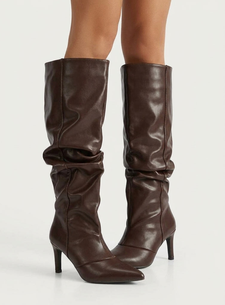 Pointed Toe Stiletto Heel Thigh High Boots -Brown