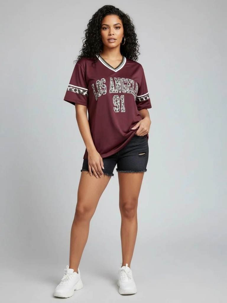 Leopard Print Los Angeles 91 Jersey T-Shirt -Wine