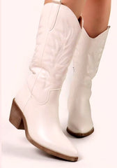 Western Cowboy Boots Mid-Calf, Embroidered -White