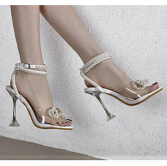 Pearl Bow Ankle Strap Stilettos -Silver