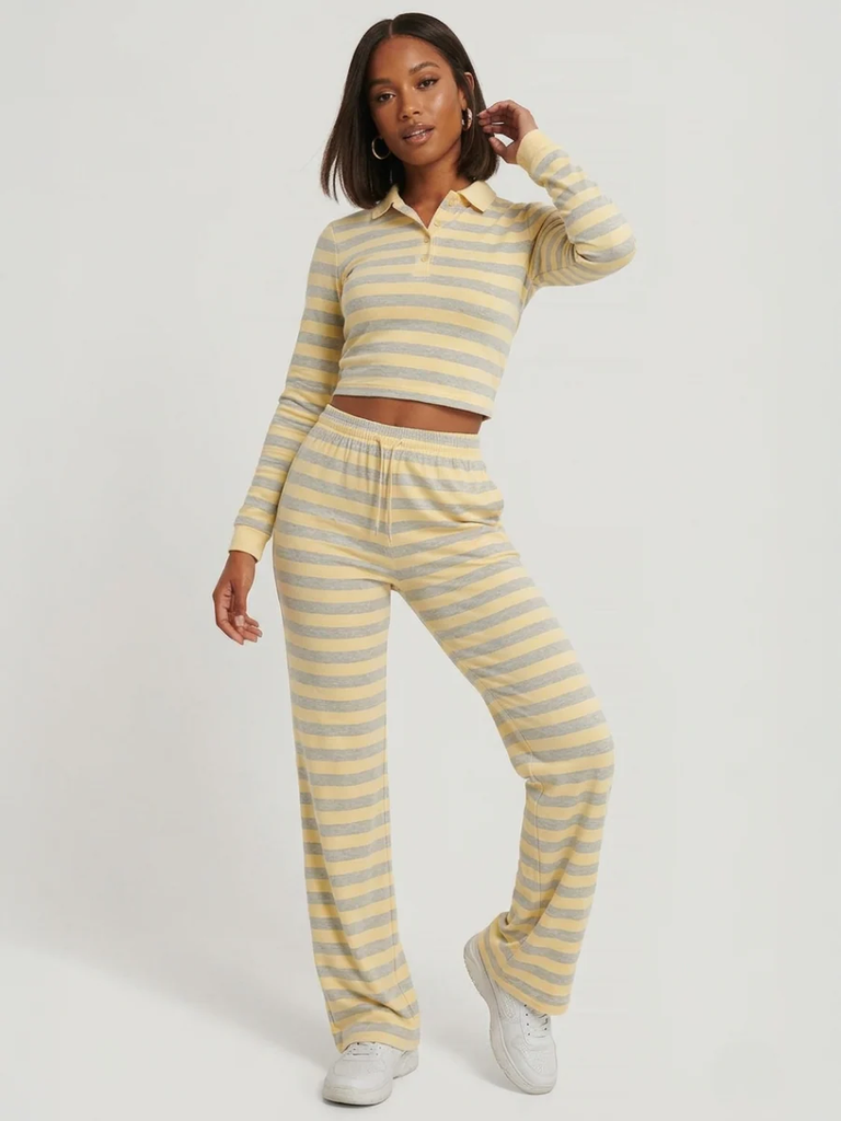 Striped Collar Neck Sweatshirt & Trouser Set -Yellow
