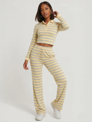 Striped Collar Neck Sweatshirt & Trouser Set -Yellow