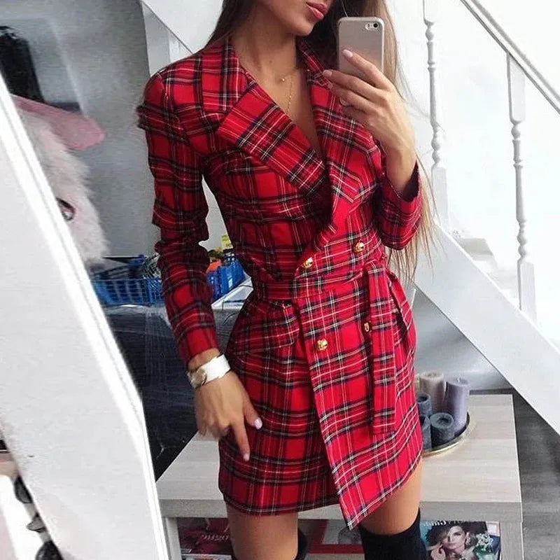 Classic Checkered Belted Blazer Dress -Red