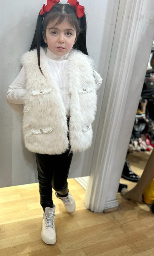 Kids: Faux Fur Pearl Gilet -White