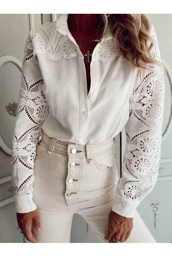 Solid Lace Patchwork Blouse -White