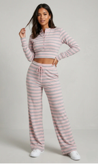 High-Waist Ribbed Stripe Henley Lounge Set -Pink