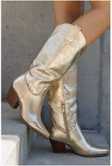 Embroidery Detail Western Cowboy Boots -Gold