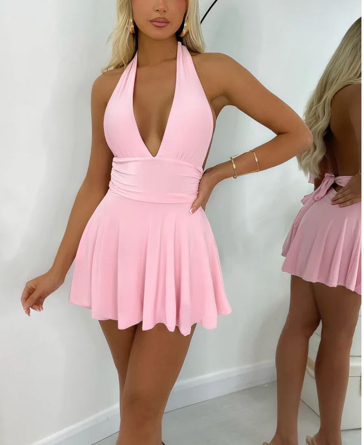 Halter Neck Mini Dress -Pink