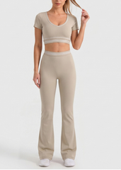 Flared Activewear Set – Crop Top & High-Waist Pants 2-Piece -Beige