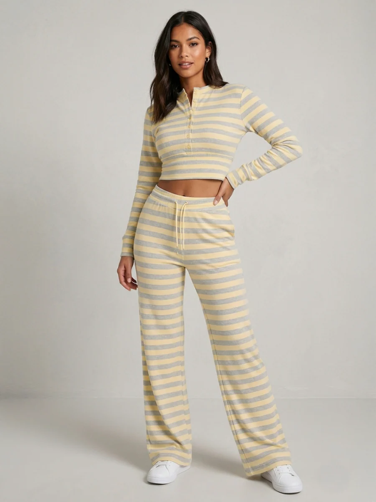 High-Waist Ribbed Stripe Henley Lounge Set -Yellow