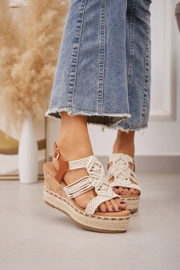 Knitted Woven Mid High Platform Espadrille Wedge -Off White