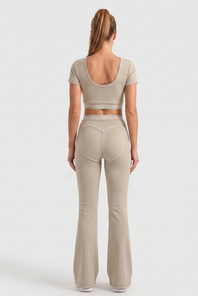 Flared Activewear Set – Crop Top & High-Waist Pants 2-Piece -Beige