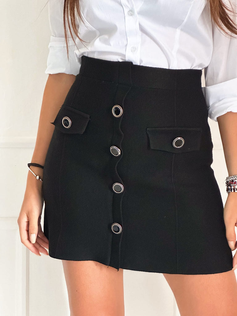 Button Front Skirt -Black