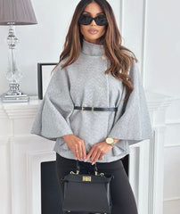 Cape Blazer Coat Poncho with Belted Waist -Grey