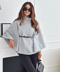 Cape Blazer Coat Poncho with Belted Waist -Grey