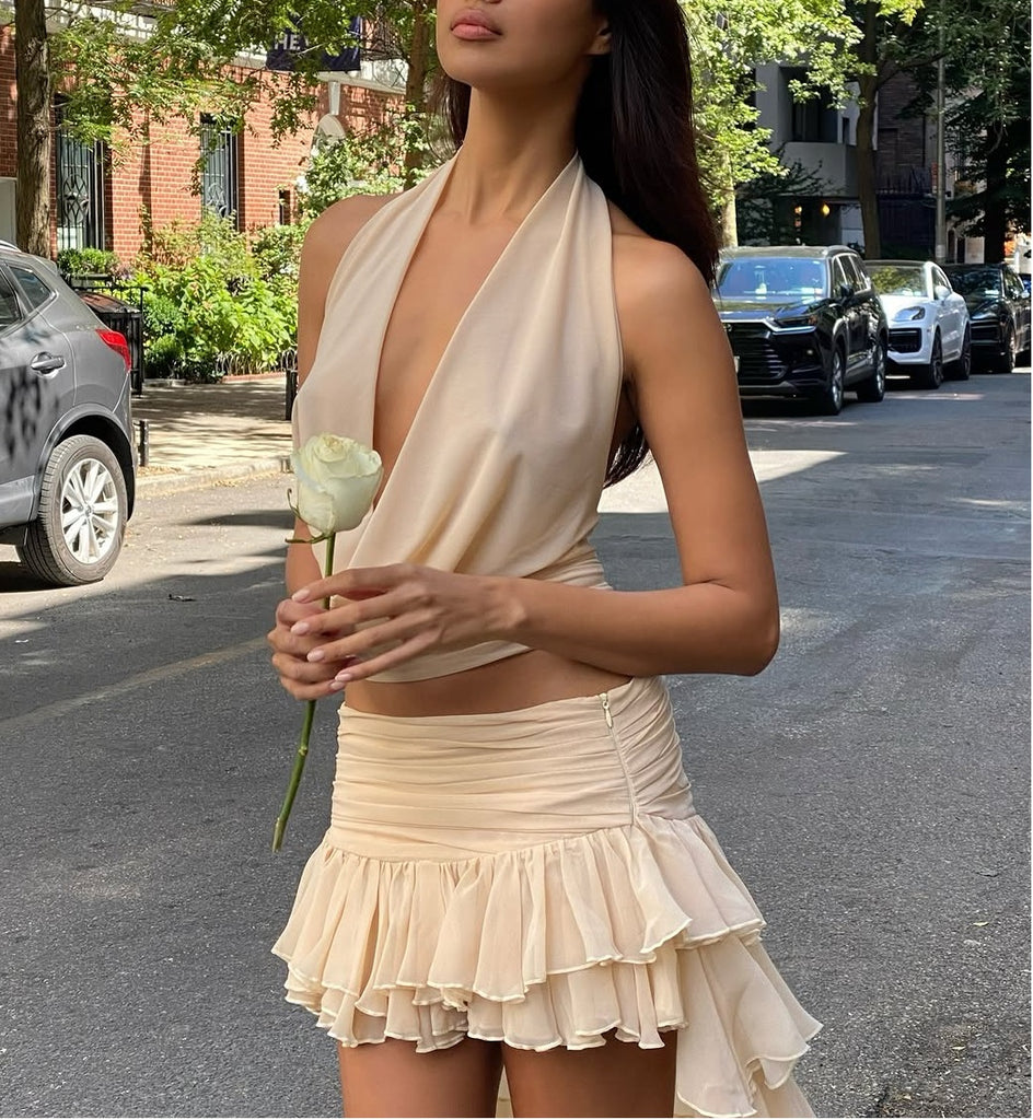 Celeste Ruffle High-Low Skirt Set -Beige