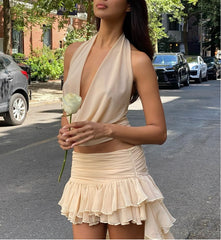 Celeste Ruffle High-Low Skirt Set -Beige