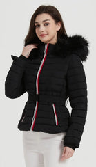 Quilted Jacket Elastic Belt & Faux Fur-Trimmed Hood -Black