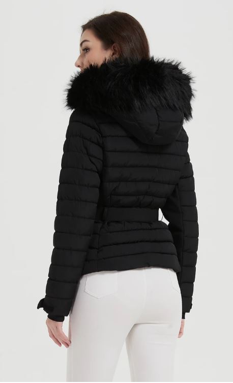 Quilted Jacket Elastic Belt & Faux Fur-Trimmed Hood -Black