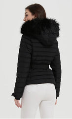 Quilted Jacket Elastic Belt & Faux Fur-Trimmed Hood -Black