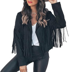 Cropped Tassel Fringe Faux Suede Jacket -Black