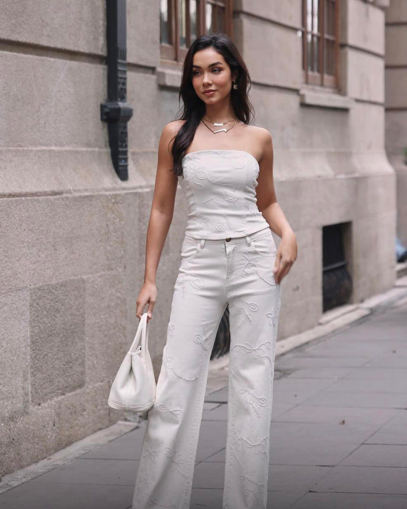 Ivory Elegance Strapless Co-Ord Set – Embroidered Wide-Leg Pants & Tube Top