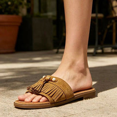 Fringe Beaded Flat Slide Sandals -Camel