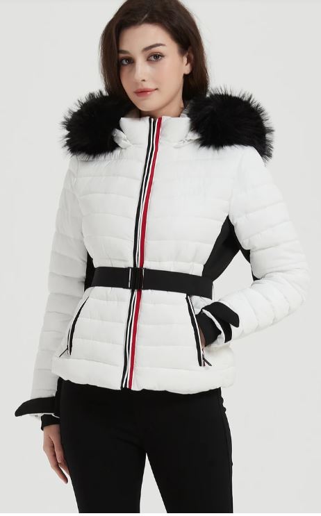 Quilted Jacket Elastic Belt & Faux Fur-Trimmed Hood -White
