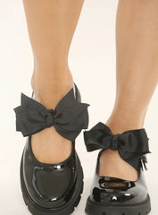 Bow School Shoe - Black Patent Ballet Flats with Bow Detail and Chunky Sole