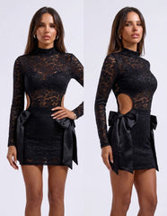 Lace Cut-Out Mini Dress with Bow Detail -Black