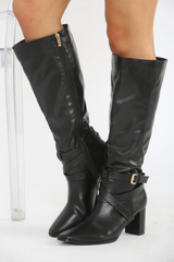 Knee High Block Heeled Boot -Black