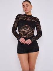 Lace Detail High Neck Long Sleeve Playsuit -Black