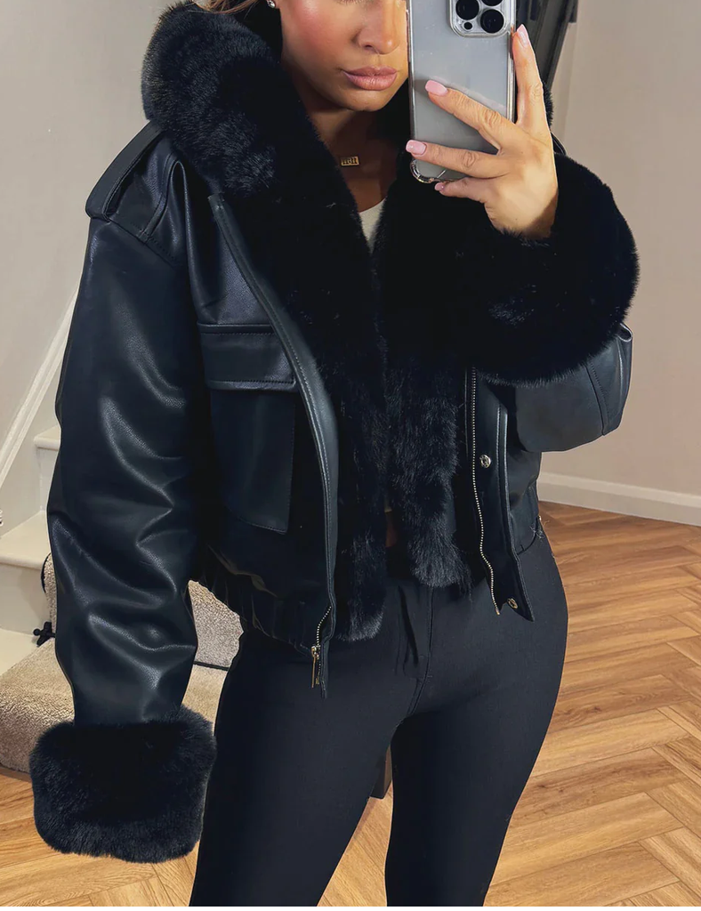 Faux Fur Bomber Jacket In Faux Leather -Black