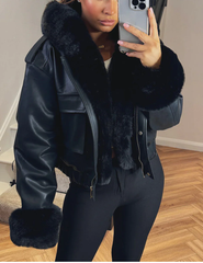 Faux Fur Bomber Jacket In Faux Leather -Black