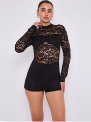 Lace Detail High Neck Long Sleeve Playsuit -Black