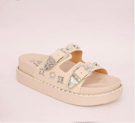 Platform Studded Buckle Sandal -Beige