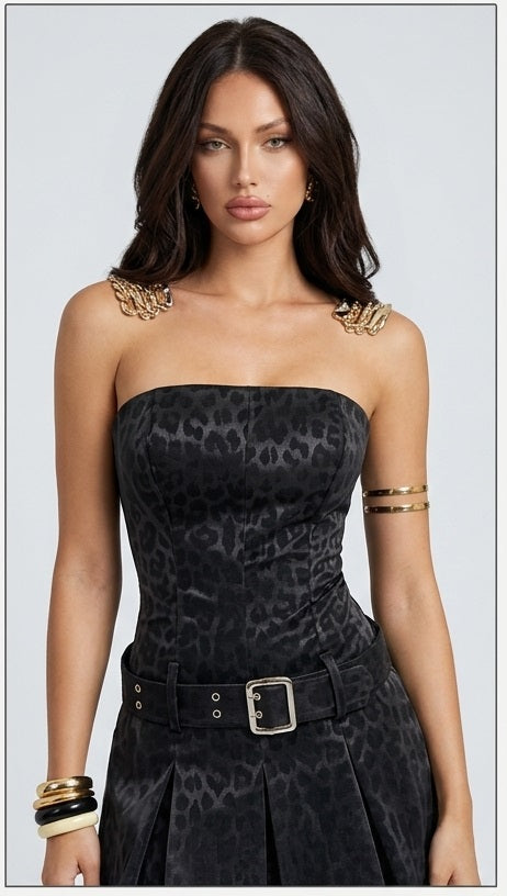 Midnight Leopard Strapless Corset Top & Pleated Mini Skirt Set -Black